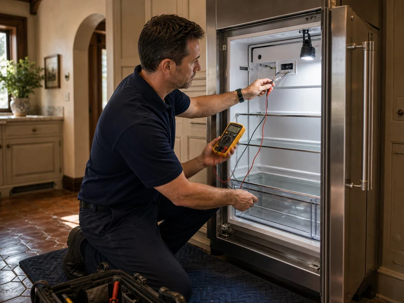 Technician taking thermistor resistance readings inside a built-in Sub-Zero refrigerator in a restored San Marco kitchen