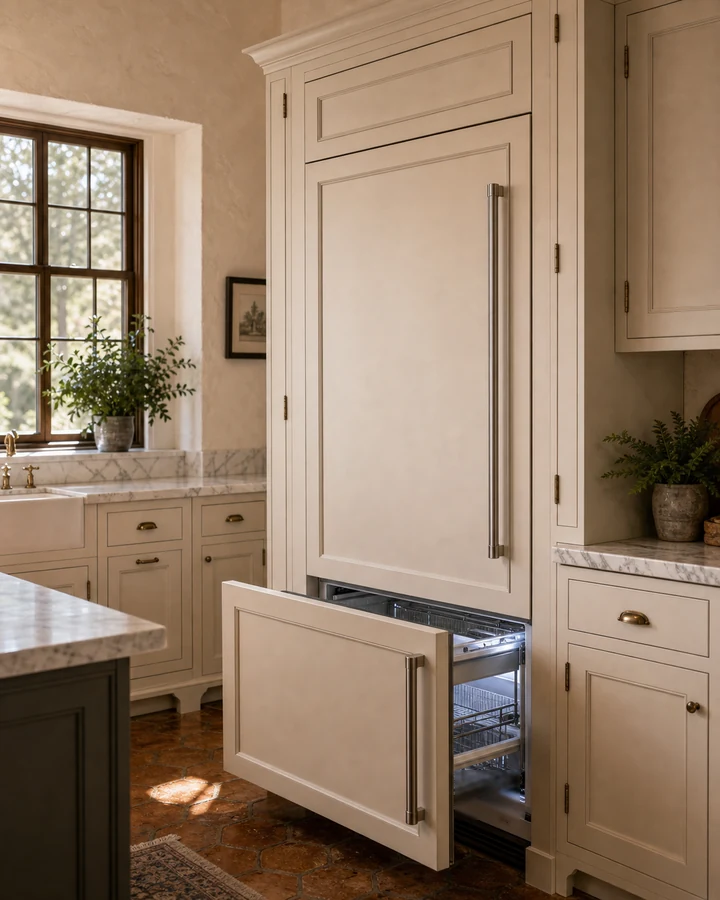 Sub-Zero 700TC tall combination unit set flush into original 1920s cabinetry in a San Marco kitchen