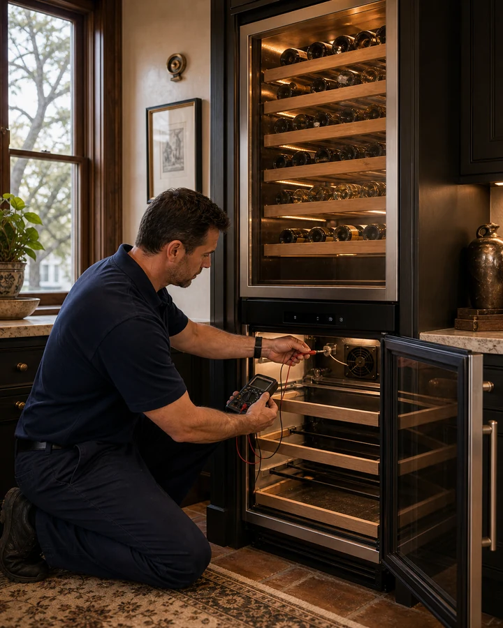 Sub-Zero 427 dual-zone wine cabinet with the lower zone opened for thermistor testing in a San Marco butler's pantry